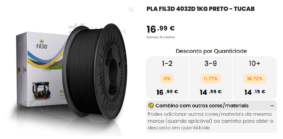 Desconto por quantidade em filamentos 3D